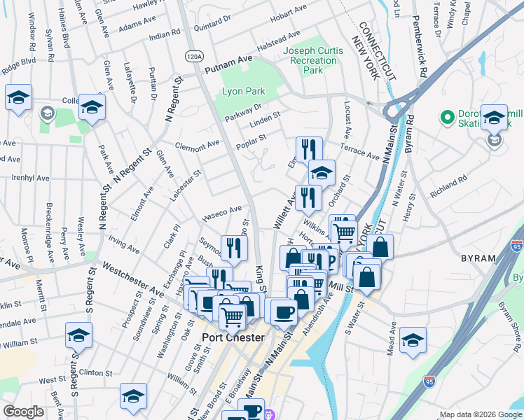 map of restaurants, bars, coffee shops, grocery stores, and more near 325 King Street in Port Chester