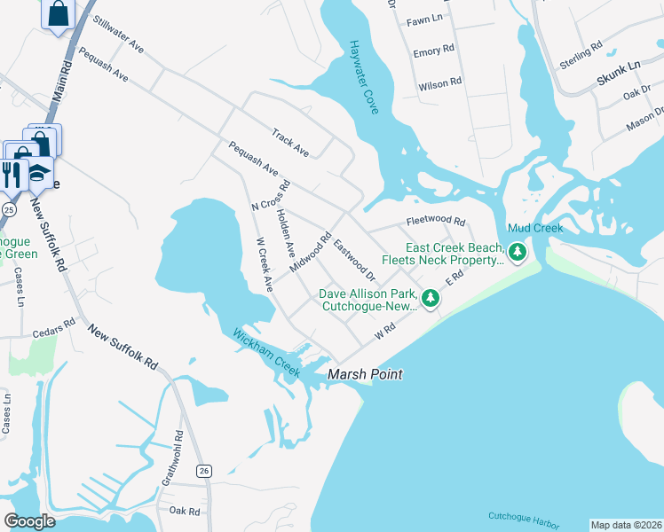 map of restaurants, bars, coffee shops, grocery stores, and more near 345 Holden Avenue in Cutchogue
