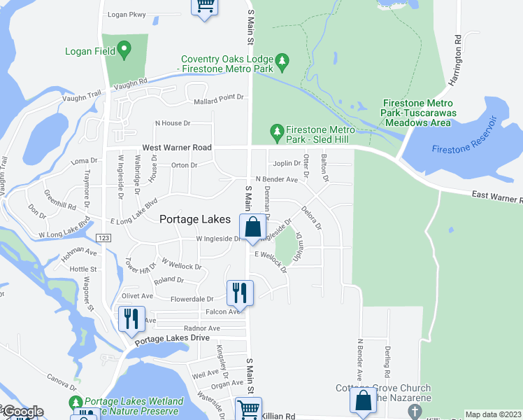 map of restaurants, bars, coffee shops, grocery stores, and more near 2892 Denman Drive in Akron