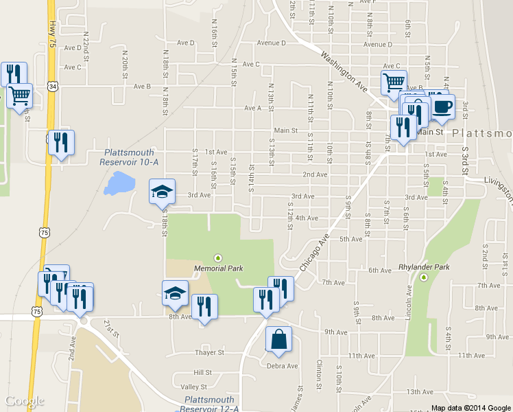 map of restaurants, bars, coffee shops, grocery stores, and more near 310 Hillcrest Drive in Plattsmouth