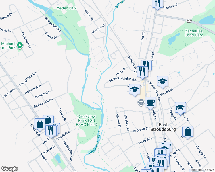 map of restaurants, bars, coffee shops, grocery stores, and more near 156 Maple Avenue in East Stroudsburg