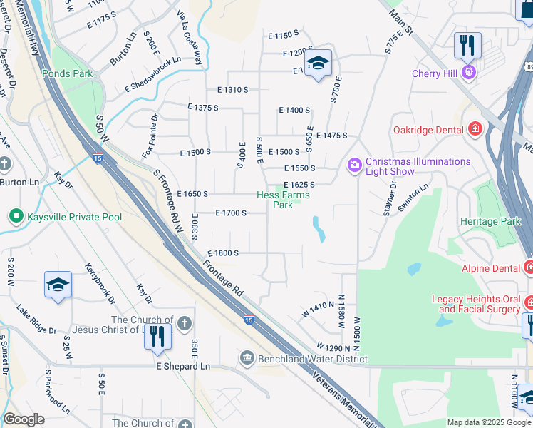 map of restaurants, bars, coffee shops, grocery stores, and more near 498 East 1700 South in Kaysville