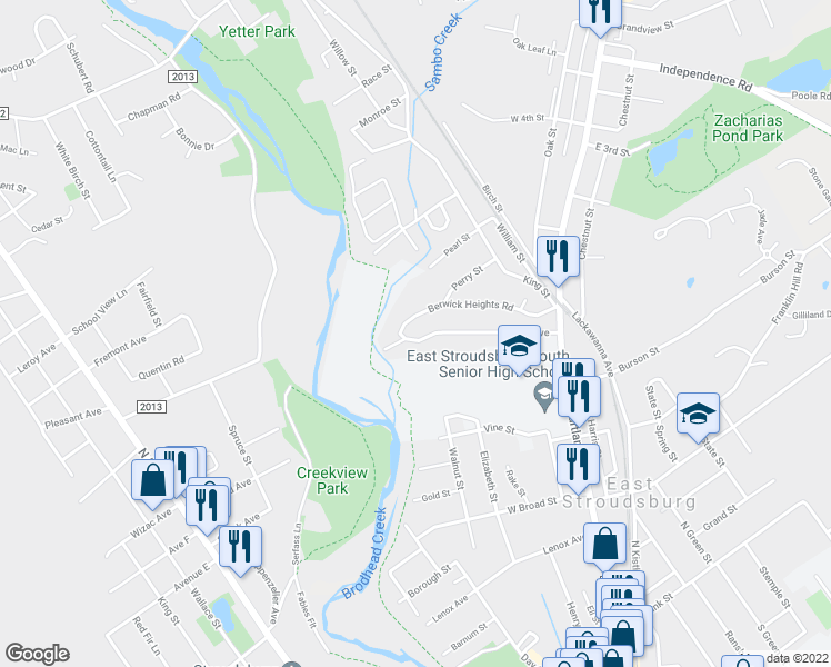 map of restaurants, bars, coffee shops, grocery stores, and more near 156 Maple Avenue in East Stroudsburg