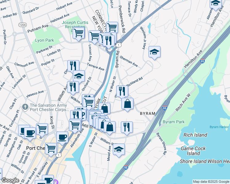 map of restaurants, bars, coffee shops, grocery stores, and more near 31 Gold Street in Greenwich