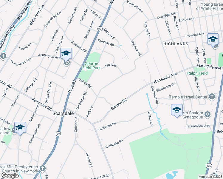 map of restaurants, bars, coffee shops, grocery stores, and more near 33 Oxford Road in Scarsdale