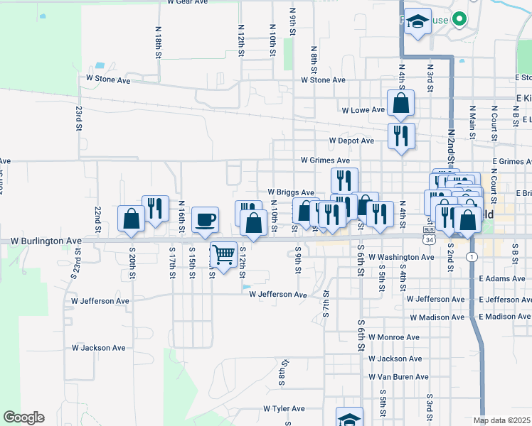 map of restaurants, bars, coffee shops, grocery stores, and more near 1-47 North 10th Street in Fairfield