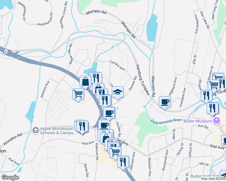 map of restaurants, bars, coffee shops, grocery stores, and more near 98 Decker Road in Butler