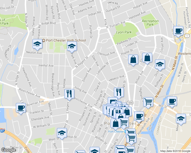map of restaurants, bars, coffee shops, grocery stores, and more near 80 Leicester Street in Port Chester