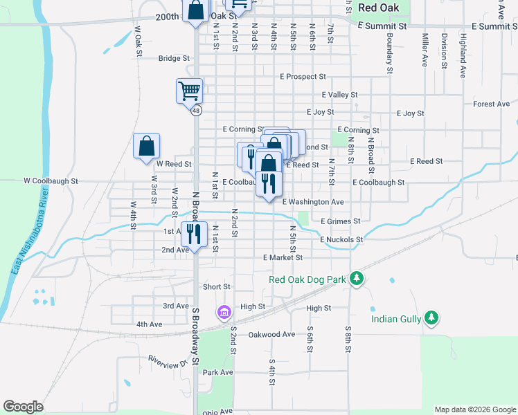 map of restaurants, bars, coffee shops, grocery stores, and more near 300 East Washington Avenue in Red Oak