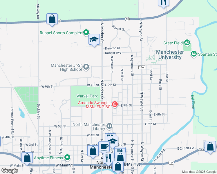 map of restaurants, bars, coffee shops, grocery stores, and more near 803 North Market Street in North Manchester