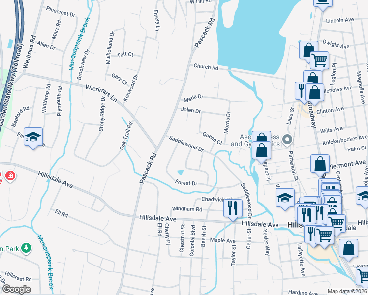 map of restaurants, bars, coffee shops, grocery stores, and more near 23 Birchwood Lane in Hillsdale