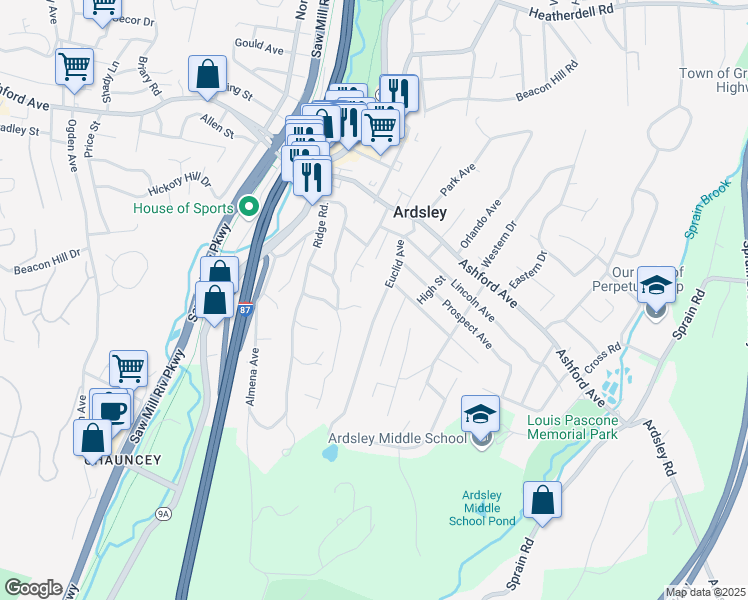 map of restaurants, bars, coffee shops, grocery stores, and more near 30 Euclid Avenue in Ardsley