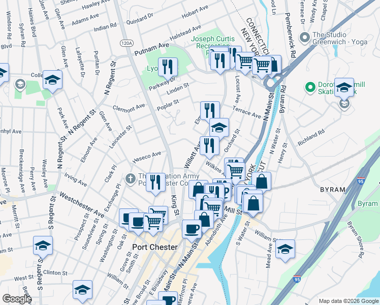 map of restaurants, bars, coffee shops, grocery stores, and more near 350 Willett Avenue in Port Chester