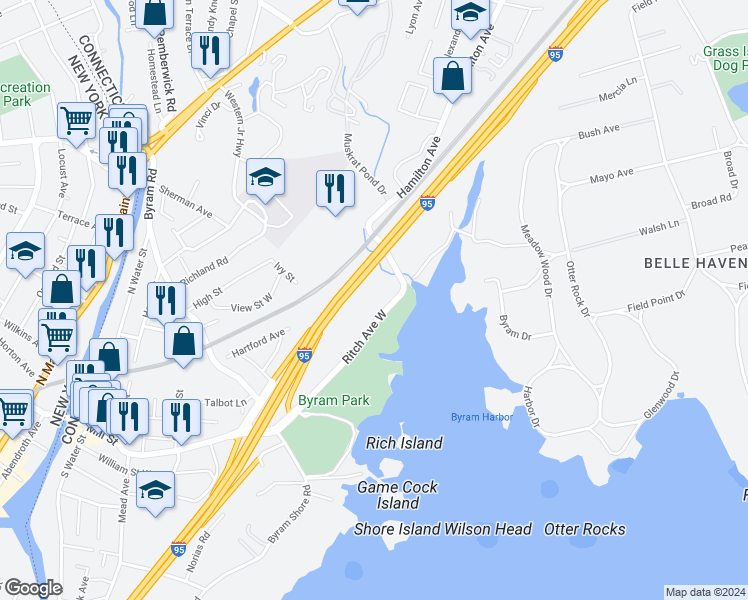 map of restaurants, bars, coffee shops, grocery stores, and more near 124 Ritch Avenue West in Greenwich