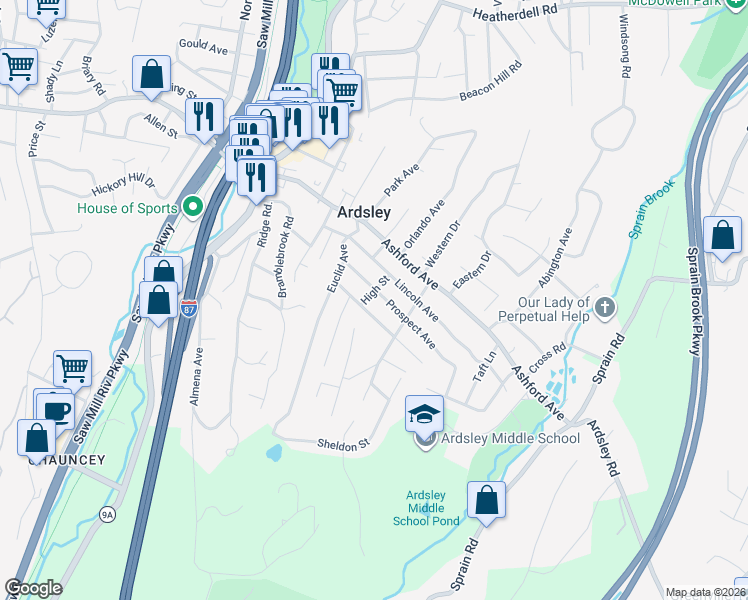 map of restaurants, bars, coffee shops, grocery stores, and more near 15 Prospect Avenue in Ardsley