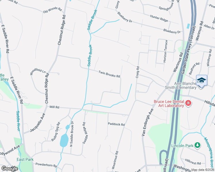 map of restaurants, bars, coffee shops, grocery stores, and more near 26 Twin Brooks Road in Saddle River