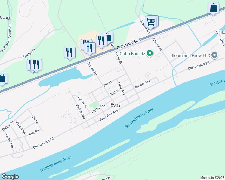 map of restaurants, bars, coffee shops, grocery stores, and more near 2450 3rd St in Bloomsburg