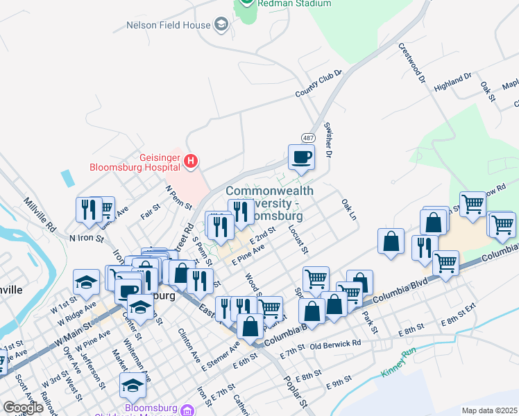 map of restaurants, bars, coffee shops, grocery stores, and more near 400 East 2nd Street in Bloomsburg