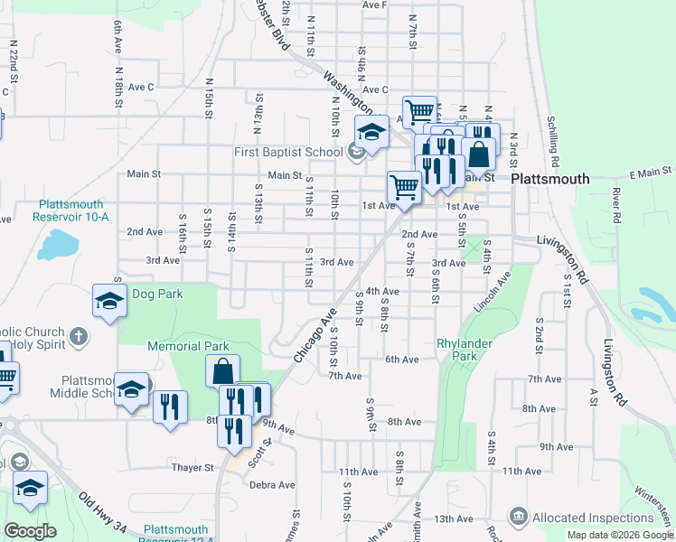 map of restaurants, bars, coffee shops, grocery stores, and more near 319 South 9th Street in Plattsmouth