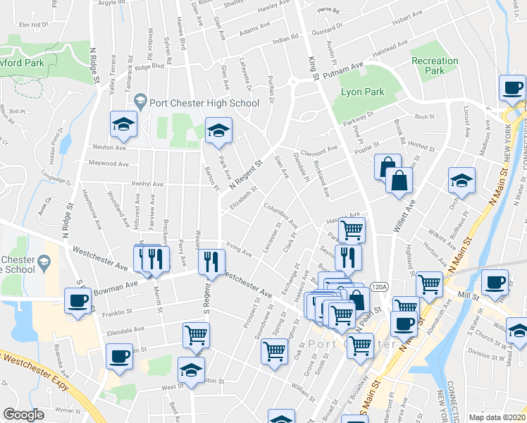 map of restaurants, bars, coffee shops, grocery stores, and more near 45 Elmont Avenue in Port Chester