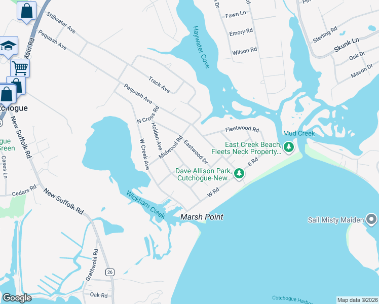 map of restaurants, bars, coffee shops, grocery stores, and more near 195 Eastwood Drive in Cutchogue