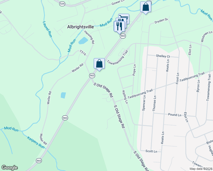 map of restaurants, bars, coffee shops, grocery stores, and more near 992 South Old Stage Road in Albrightsville