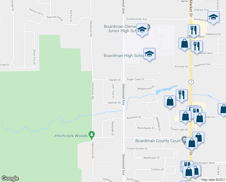 map of restaurants, bars, coffee shops, grocery stores, and more near 7980 Lost Tree Drive in Youngstown