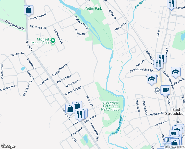map of restaurants, bars, coffee shops, grocery stores, and more near 800 Stokes Mill Road in Stroudsburg