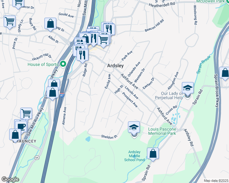 map of restaurants, bars, coffee shops, grocery stores, and more near 15 Prospect Avenue in Ardsley