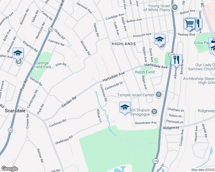 map of restaurants, bars, coffee shops, grocery stores, and more near 222 Hartsdale Avenue in White Plains