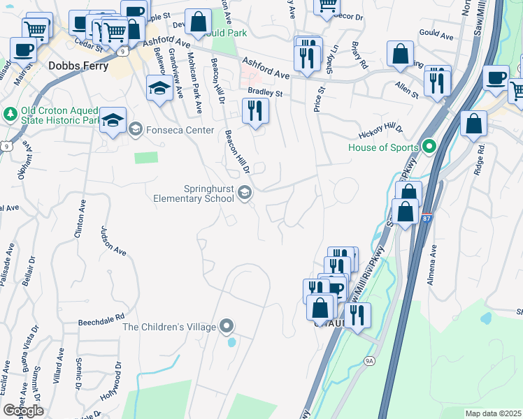 map of restaurants, bars, coffee shops, grocery stores, and more near 29 Ridge Road in Dobbs Ferry
