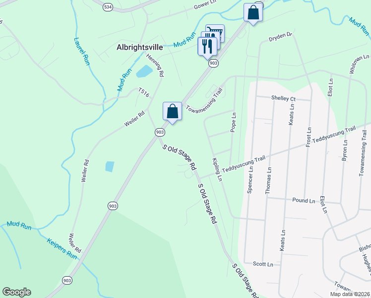map of restaurants, bars, coffee shops, grocery stores, and more near 992 South Old Stage Road in Albrightsville