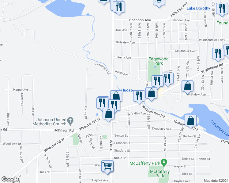 map of restaurants, bars, coffee shops, grocery stores, and more near 98 31st Street in Barberton