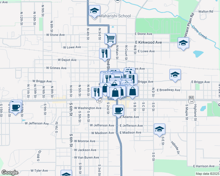 map of restaurants, bars, coffee shops, grocery stores, and more near 2ND East Briggs Avenue in Fairfield