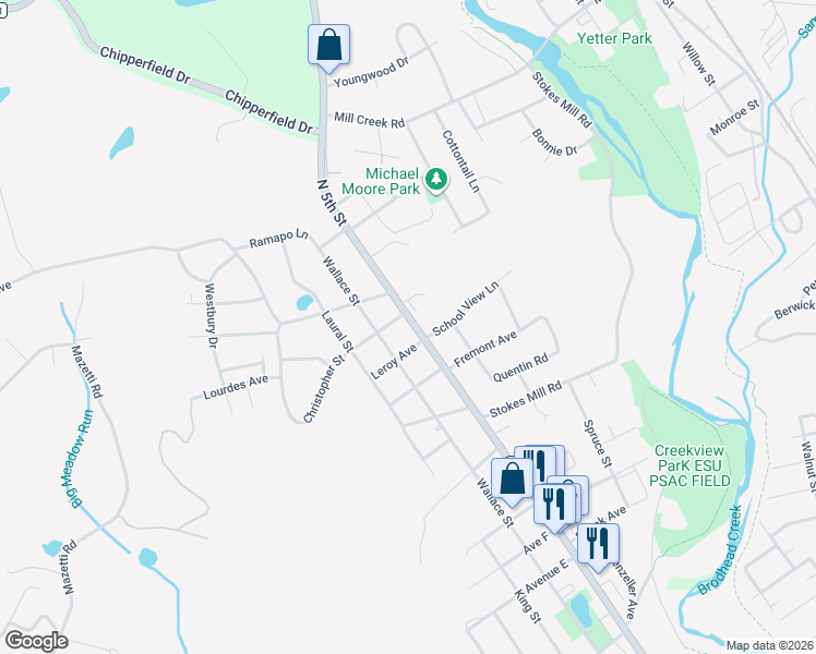 map of restaurants, bars, coffee shops, grocery stores, and more near 2034 N 5th St in Stroudsburg