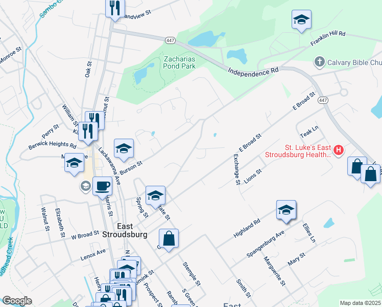 map of restaurants, bars, coffee shops, grocery stores, and more near 76 Franklin Hill Road in East Stroudsburg