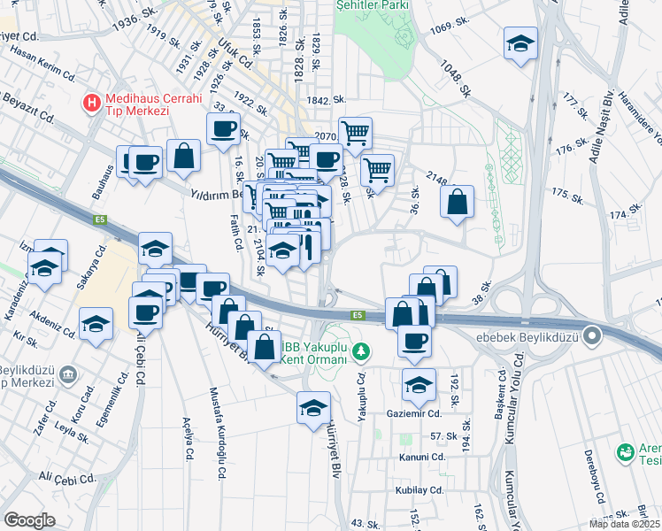 map of restaurants, bars, coffee shops, grocery stores, and more near Mehmet Akif Ersoy Caddesi in Esenyurt