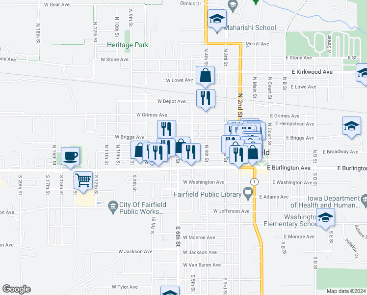 map of restaurants, bars, coffee shops, grocery stores, and more near 505 West Broadway Avenue in Fairfield