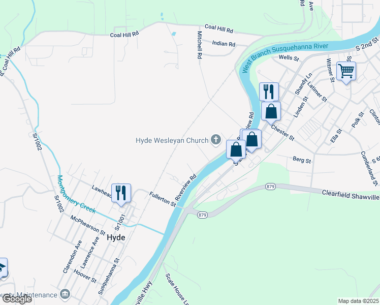 map of restaurants, bars, coffee shops, grocery stores, and more near Riverview Road in Clearfield