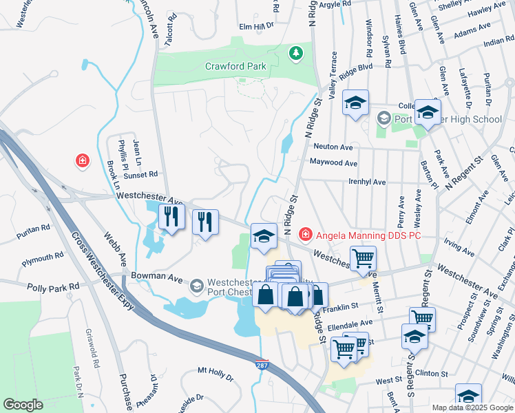 map of restaurants, bars, coffee shops, grocery stores, and more near 39 Avon Circle in Rye Brook
