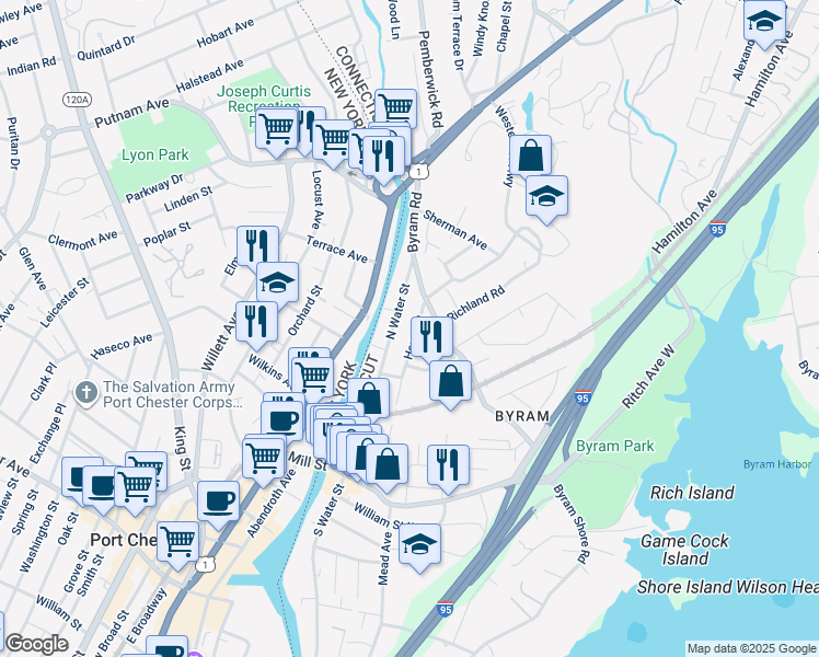 map of restaurants, bars, coffee shops, grocery stores, and more near 130 Byram Road in Greenwich