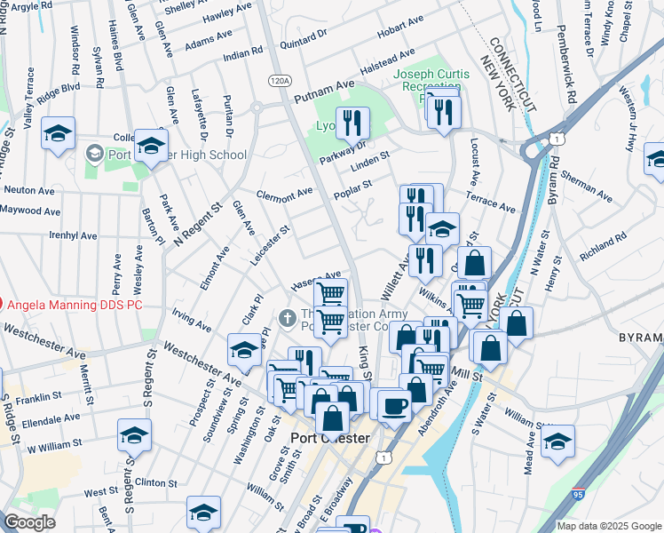map of restaurants, bars, coffee shops, grocery stores, and more near 350 New York 120A in Port Chester