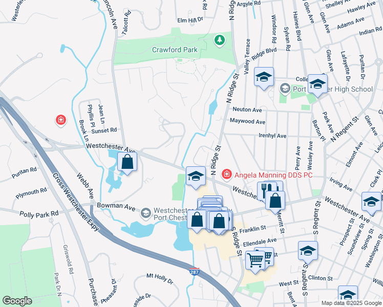 map of restaurants, bars, coffee shops, grocery stores, and more near 39 Avon Circle in Rye Brook