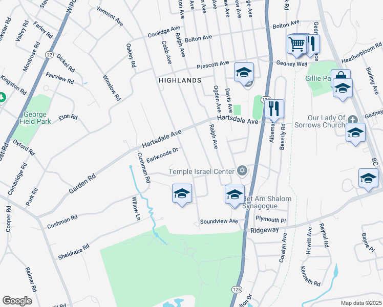 map of restaurants, bars, coffee shops, grocery stores, and more near 67 Midchester Avenue in White Plains