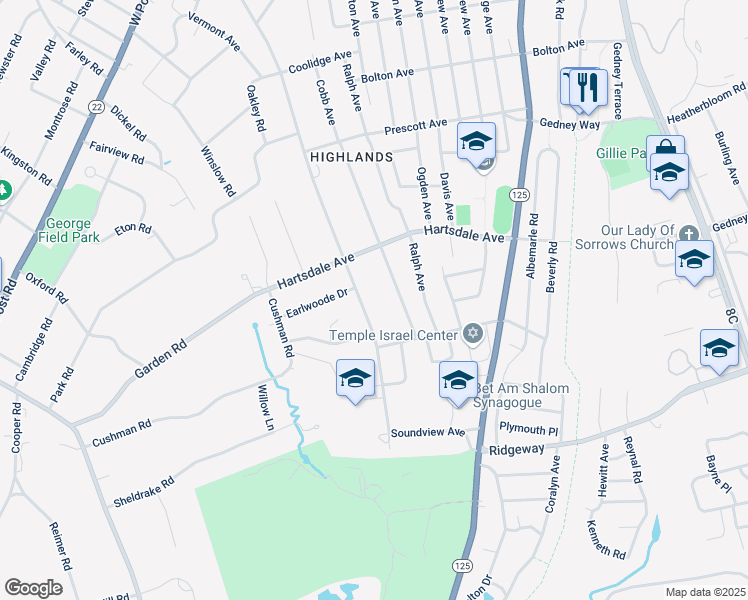 map of restaurants, bars, coffee shops, grocery stores, and more near 67 Midchester Avenue in White Plains