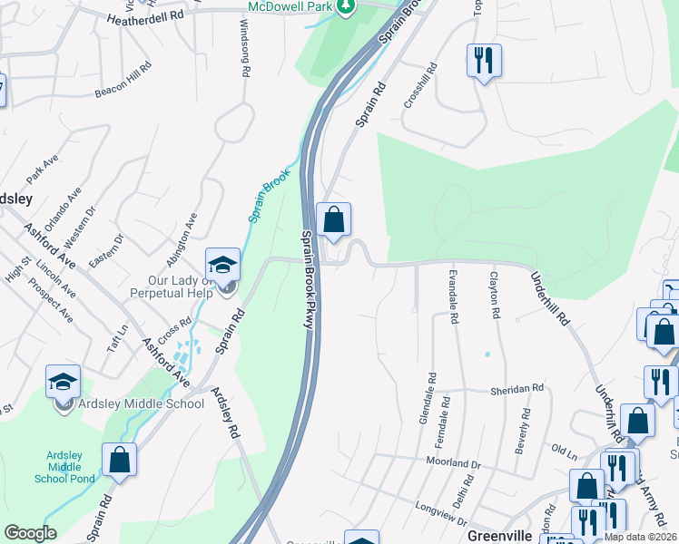 map of restaurants, bars, coffee shops, grocery stores, and more near 451 Underhill Road in Scarsdale