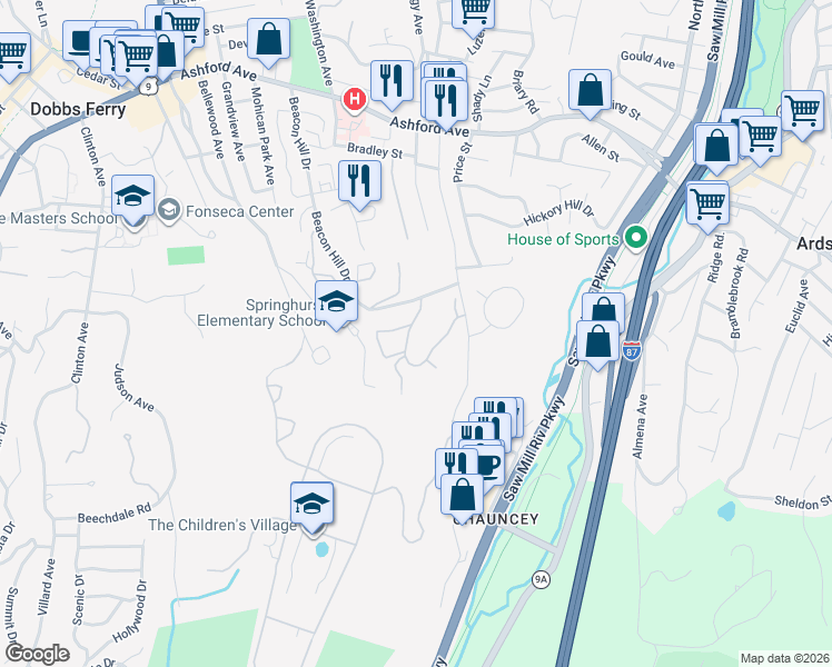 map of restaurants, bars, coffee shops, grocery stores, and more near 1 Ridge Road in Dobbs Ferry
