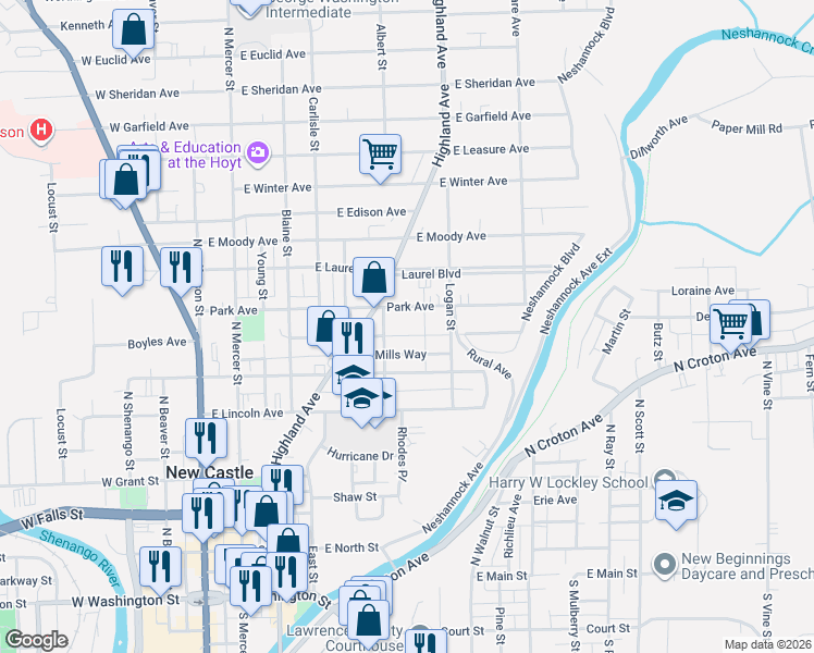 map of restaurants, bars, coffee shops, grocery stores, and more near 328 Park Avenue in New Castle