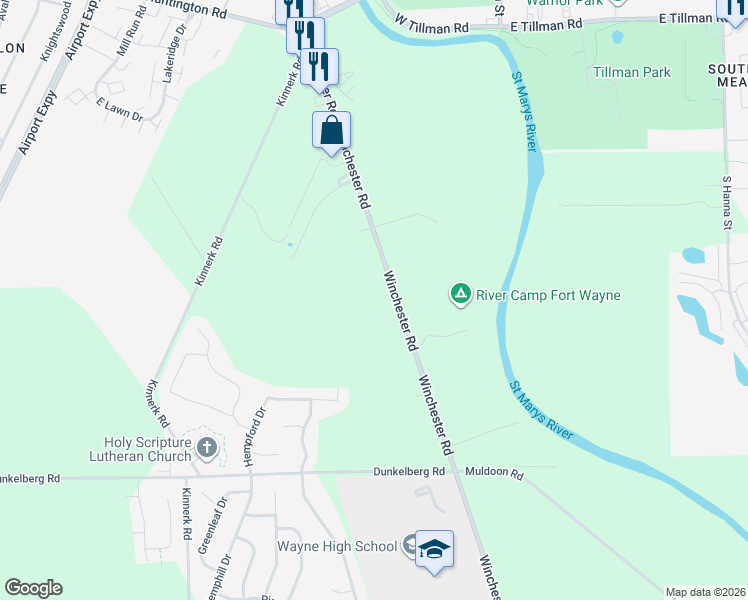 map of restaurants, bars, coffee shops, grocery stores, and more near 8032-8218 Winchester Road in Fort Wayne