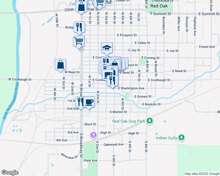 map of restaurants, bars, coffee shops, grocery stores, and more near 300 East Coolbaugh Street in Red Oak